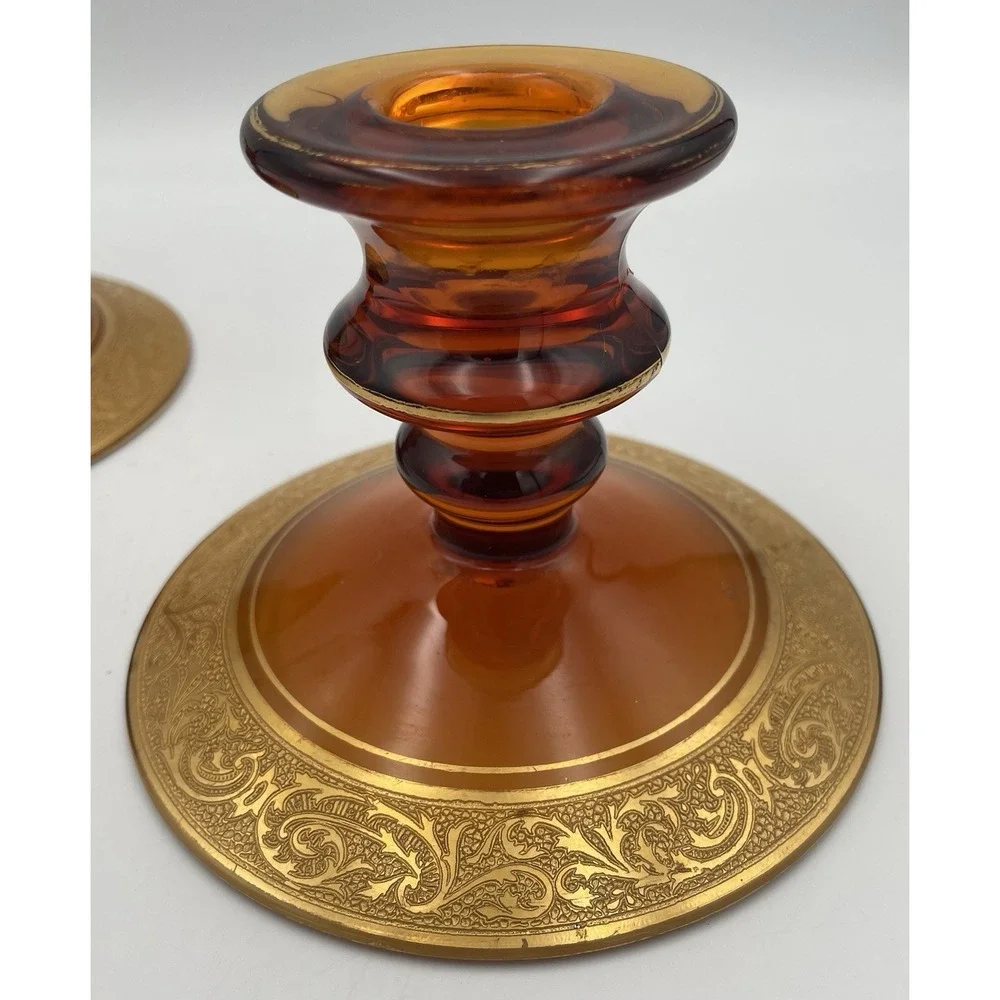 Vtg. Amber Glass Candle Holders Candlestick Pair Gold Encrusted Base Trim 1920's